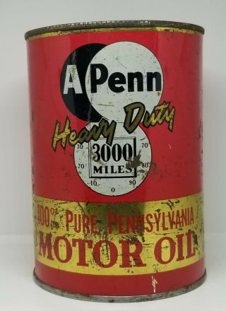 1950s A Penn Heavy Duty 3000 Miles 100 Pure Pennslyvania 1 Quart Motor Oil Can