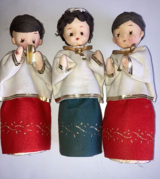 3 Carolers Choir Trio Felt Nylon 9 " Japan Christmas Vintage Holiday Decoration
