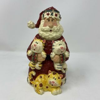 Christmas 8” Santa & 3 Kitties 1990’s Resin Distressed Shelf Sitter Red Yellow