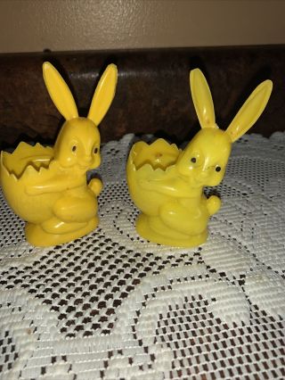 Vintage Rosen Hard Plastic Yellow Eaaster Bunny Carrying Eggs 4” Tall