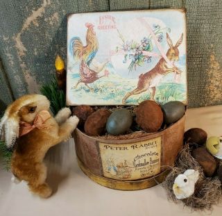 Primitive Antique Vintage Folk Art Style Easter Bunny Rabbit Hen Rooster Sign