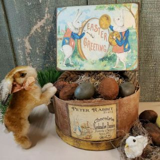 Old Primitive Antique Vintage Folk Art Style Easter Bunny Rabbit Band Drum Sign