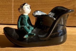 Vintage Elf Pixie On Black Shoe Boot Planter Ceramic
