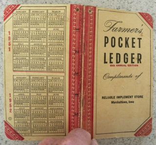 1951 - 52 Reliable John Deere Store,  Marshalltown,  Iowa Ia,  Jd Farmers Pocket Ledger