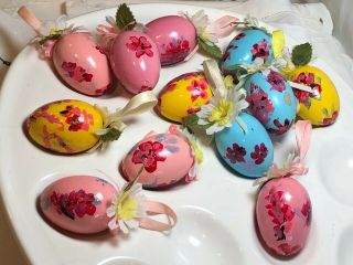 Vintage Set Of 12 Hand Painted Wooden Multicolor Easter Mini Eggs Ornaments P/o