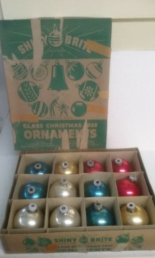 Vintage Shiny Brite Glass Round Ball Christmas Ornaments Santa Uncle Sam Box