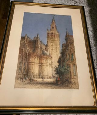 1927 " Seville Cathedral " Hand Colored Pencil Signed James Alfred Brewer Etching