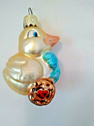 Vintage Valentine Easter Yellow Chick Red Hearts Blue Box Glass Ornament
