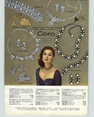 1958 Paper Ad 4 Pg Coro Costume Jewelry Necklace Bracelet Earrings Pearls Gold,