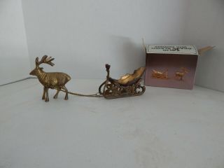 Vtg Christmas Solid Brass Santa Sleigh Sled Reindeer 3 Pc Holiday Decoration