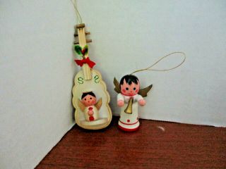 Vintage Set Of 2 Wood Angel Christmas Ornaments One Is Russ