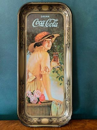 Vintage 1972 Drink Coca Cola Serving Tray Girl With Basket Of Roses Printed Usa