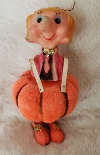 Vtg Christmas Ornament Flocked Pumpkin Man Delta Novelty Rubber Face Head Mod