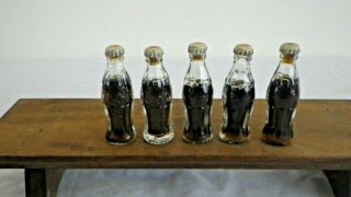 5 Vintage Small Miniature Embossed Coca Cola Glass Bottles With Metal Caps