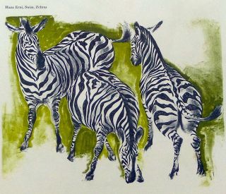 Duo Color Lithography By Hans Erni Zebras - Karl Rodeo Highland With Red Moon