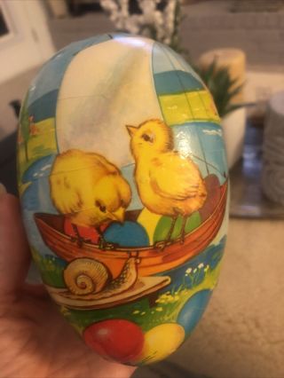 Vintage Paper Mache Easter Egg Candy Container Germany 8” Chicks Sailboat Snail