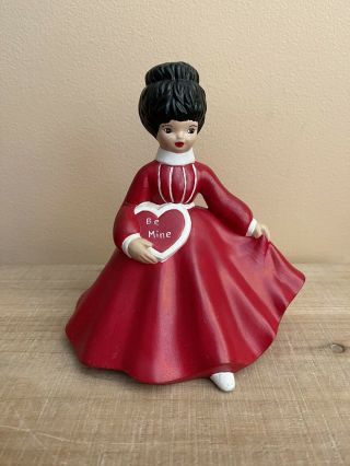 Vintage Valentine’s Day Hand - Painted Ceramic Woman,  Red & White,  Black Hair