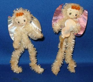 2 Vintage Christmas Angel Decorations Ornament Pipe Cleaner Body Foil Wings