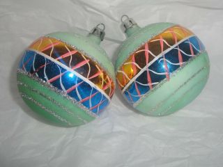2 Fancy Poland Hand Painted & Glittered Mercury Glass Christmas Ornaments