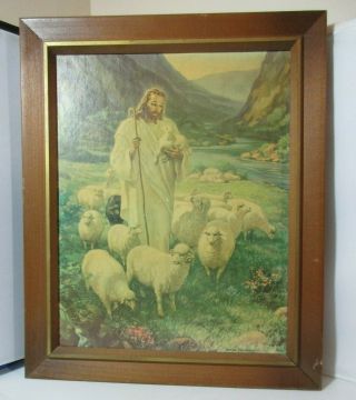 Old Vintage Framed Religious Picture Jesus Christ With Sheep Warner Sallman Art