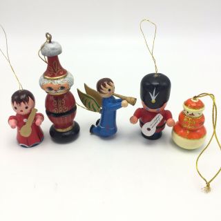 Set Of 5 Vintage Hand Painted Wooden Christmas Tree Ornaments
