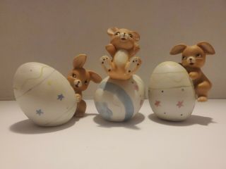 Vintage Lego Korea Easter Bunnies With Easter Eggs 3 " - 4 " Porcelain 3 Pc Set