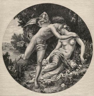 Mythology,  Naked Nude Girl Goddess Flowers Winged Boy 1878 Art Print Engraving