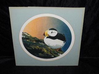 Byron Birdsall 1984 Alaska Puffin Bird Signed Art Print Round Coastal Wildlife