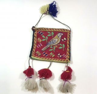 Vintage Wool Wall Hanging Pocket Handmade Bird Butterflies Pom Poms 7x6.  5 "