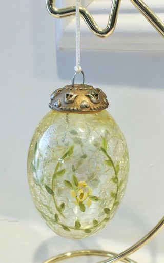 Vintage Russ Hand Painted Floral Kugel Style Crackle Glass Egg Ornaments - Euc