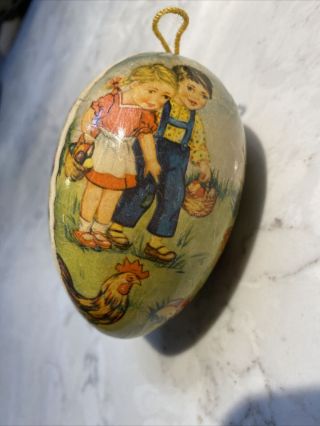 Antique German Victorian Paper Mache Egg Candy Container With Kids And Chickens.