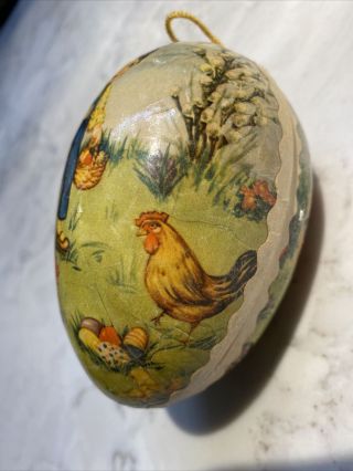 Antique German Victorian Paper Mache Egg Candy Container With Kids And Chickens. 2