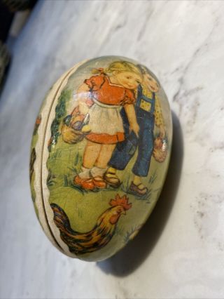 Antique German Victorian Paper Mache Egg Candy Container With Kids And Chickens. 3