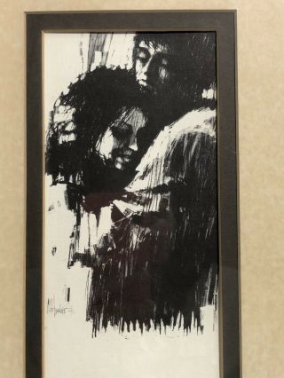 Rare Aldo Luongo " The Lovers " 1970 Charcoal Print Vintage Framed 13 X 9