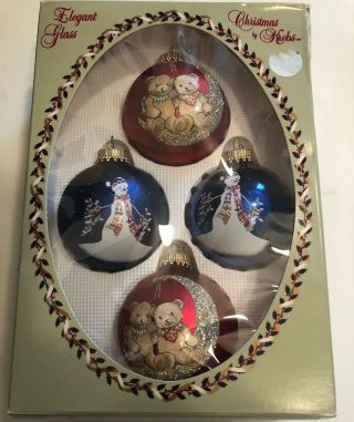 Vintage Christmas By Krebs 4 Glass Ornaments 2 Red Teddy Bear 2 Blue Snowman