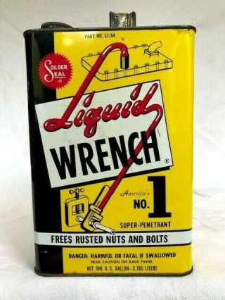 Vintage Rare Liquid Wrench Metal Gallon Oil Can Gas Station