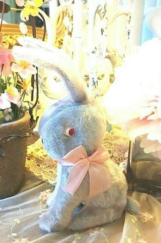 Vintage Easter Bunny Rabbit Stuffed Plush Animal Toy Pink Bow 9 1/2 " Mohair?