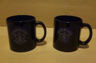2 Starbucks Cobalt Blue Glass Coffee Mug Cup Frosted Etched Mermaid Siren Logo
