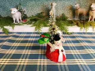 Vintage Cottonspun Snowman Bottlebrush Xmas Tree In Santa 