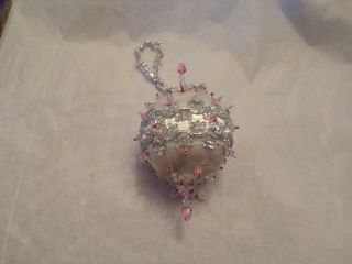 Vtg White Satin With Silver & Pink Beads Victorian Style Christmas Ornament