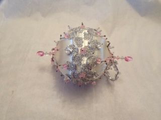 Vtg White Satin With Silver & Pink Beads Victorian Style Christmas Ornament 2