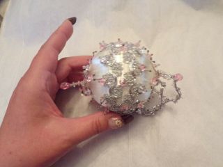 Vtg White Satin With Silver & Pink Beads Victorian Style Christmas Ornament 3