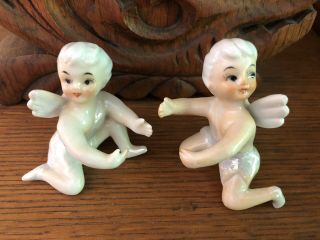 Vintage Porcelain Angel Figurines Candle Huggers With Iridescent Accents Japan