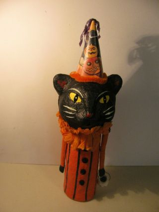 Paper Mache Halloween Cat With Hat & Skull