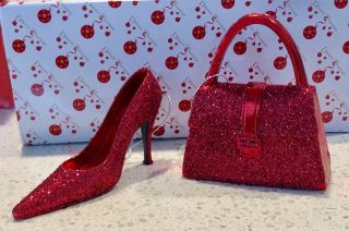 Red Glitter Sparkle Handbag Purse High Heel Shoe Christmas Ornament Set