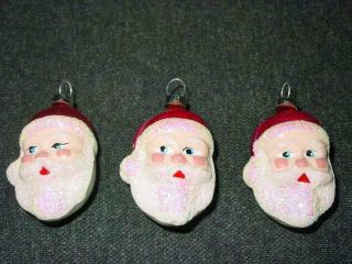 Vintage 3 Blown Glass Santa Head Christmas Ornaments Pink Red White Glitter