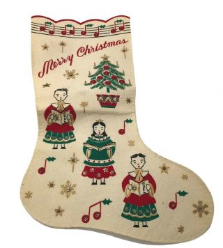 Vtg Christmas Stocking 17 " Sequins Carolers Tree Music Script 40s 50s Stenciled