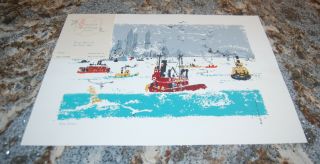 Vintage Ronald Julius Christensen Mid Century Serigraph Art Print Busy Harbor