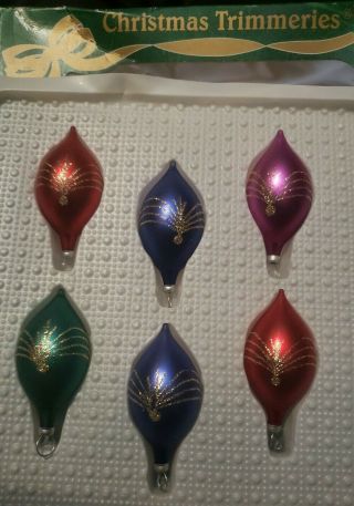 6 Multi Colored W/gold Mini Trimmerry Hand Crafted Glass Ornaments