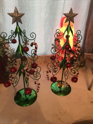 Set Of Two Metal Christmas Trees With Ornaments Candy Canes Snow Flakes